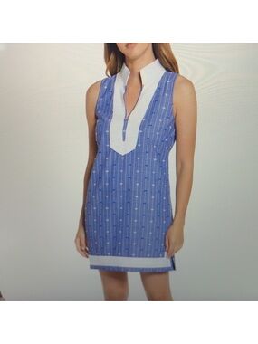 ELIZA J Blue and White Mandarin Collar Striped Sleeveless Shift Dress Size 4 NWT